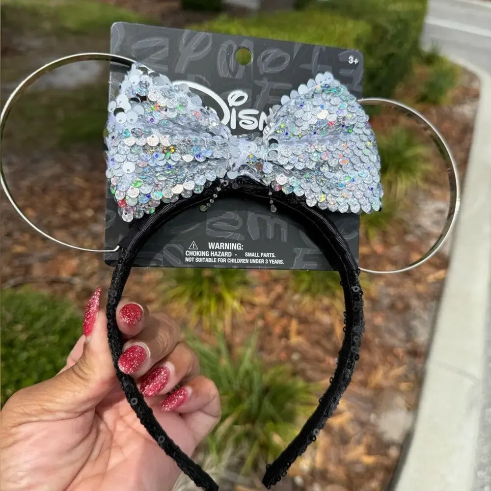 Disney Sequin Bow Headband Silver and black
